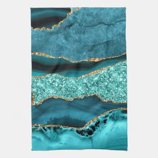 Linge De Cuisine Agate Turquoise Blue Gold Parties scintillant Marb (Vertical)