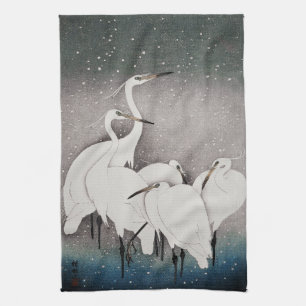 Linge De Cuisine Aigrettes japonaises Grues Oiseau Hiver Neige Art