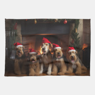 Linge De Cuisine Airedale au coin du feu de Noël