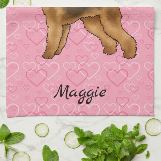 Linge De Cuisine Airedale Terrier Chien Avec Coeurs Rose Et Nom (Plié)