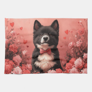 Linge De Cuisine Akita américain avec des roses - Saint-Valentin