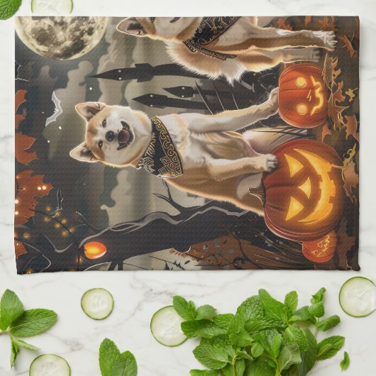 Linge De Cuisine Akita Halloween Éffrayant (Plié)