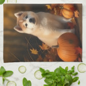 Linge De Cuisine Akita Puppy Citrouille d'automne (Plié)