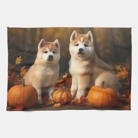 Linge De Cuisine Akita Puppy Citrouille d'automne (Horizontal)