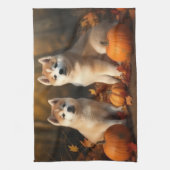 Linge De Cuisine Akita Puppy Citrouille d'automne (Vertical)