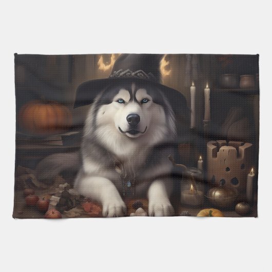 Linge De Cuisine Alaskan Malamute Citrouilles Halloween effrayant (Horizontal)