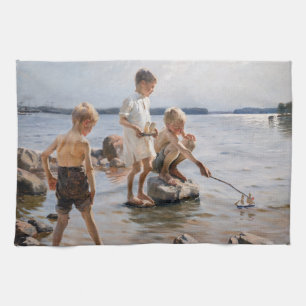 Linge De Cuisine Albert Edelfeue - Les garçons jouent sur le rivage