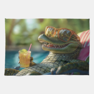 Linge De Cuisine Alligator appréciant un cocktail au bord de la pis