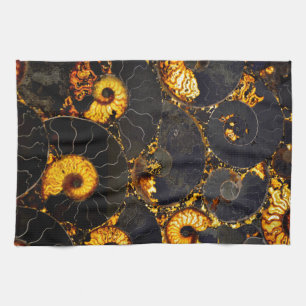 Linge De Cuisine Ambre doré noir Nautilus motif, fossile