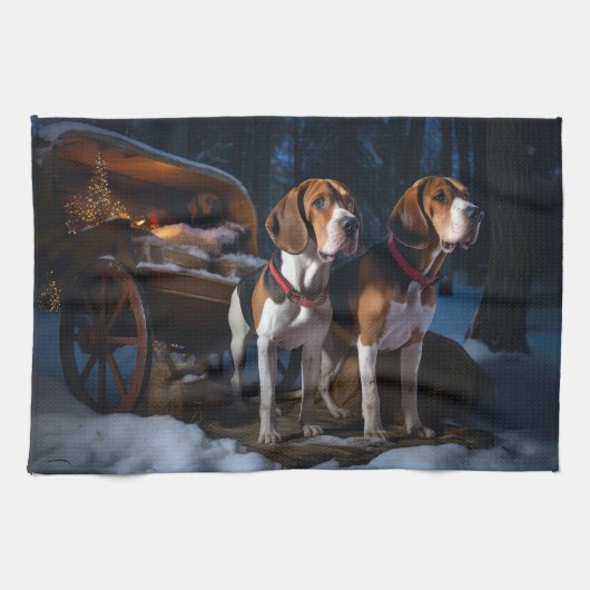 Linge De Cuisine American English Foxhound Snowy Sleigh Noël (Horizontal)