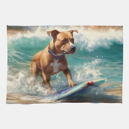 Linge De Cuisine American Staffordshire Beach Surf Peinture (Horizontal)