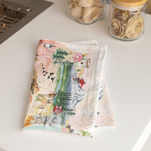 Linge De Cuisine Amérique | Carte de l'aquarelle illustrée USA