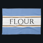 Linge De Cuisine Amusant Bleu clair Cuisine Blanc FLOUR Racing Stri<br><div class="desc">Ce design culinaire rétro présente du texte FLOUR à l'intérieur d'une large bande blanche centrale surmontée de rayures noires,  jaunes et blanches contre des rayures bleues douces. Le texte peut être personnalisé.</div>