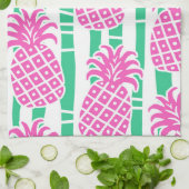 Linge De Cuisine Ananas Bambou rayures rose et Motif vert (Plié)