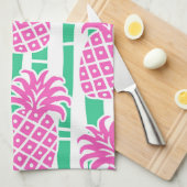 Linge De Cuisine Ananas Bambou rayures rose et Motif vert (Quart Plié)