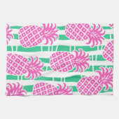Linge De Cuisine Ananas Bambou rayures rose et Motif vert (Horizontal)