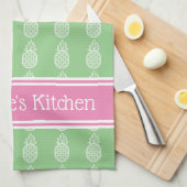 Linge De Cuisine Ananas blanc sur vert avec bande rose (Quart Plié)