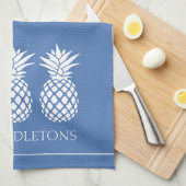 Linge De Cuisine Ananas blancs chic sur fond bleu (Quart Plié)