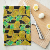 Linge De Cuisine Ananas d'or sur des rayures (Quart Plié)