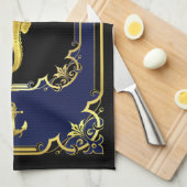 Linge De Cuisine Ancrage nautique/hippocampe doré noir/or/bleu (Quart Plié)