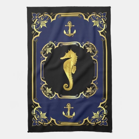 Linge De Cuisine Ancrage nautique/hippocampe doré noir/or/bleu (Vertical)