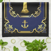 Linge De Cuisine Ancrage nautique/phare doré noir/or/bleu (Plié)