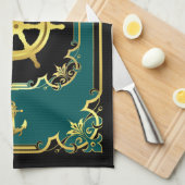 Linge De Cuisine Ancrage nautique/roue de navire doré noir/or/aqua (Quart Plié)