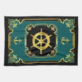 Linge De Cuisine Ancrage nautique/roue de navire doré noir/or/aqua (Horizontal)