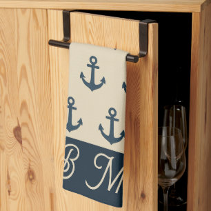 Linge De Cuisine Ancre bleu marine avec Monogram Beige Coastal