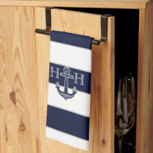 Linge De Cuisine Ancre bleue marine Monogramme côtier 