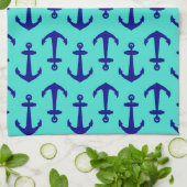Linge De Cuisine Ancre Bleue Marine Sur Décor Côtier Turquoise (Plié)