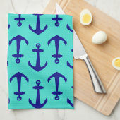 Linge De Cuisine Ancre Bleue Marine Sur Décor Côtier Turquoise (Quart Plié)