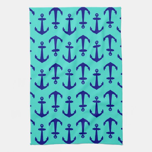 Linge De Cuisine Ancre Bleue Marine Sur Décor Côtier Turquoise (Vertical)
