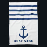 Linge De Cuisine Ancre classique nautique Votre nom de bateau Bleu<br><div class="desc">Ancre classique nautique personnalisée avec votre nom de bateau personnalisé en bleu marine sur une serviette de cuisine blanche et bleue rayée.</div>
