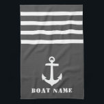 Linge De Cuisine Ancre classique nautique Votre nom de bateau Gris<br><div class="desc">Ancre classique nautique personnalisée avec votre nom de bateau personnalisé sur une serviette élégante de cuisine grise avec rayures blanches.</div>