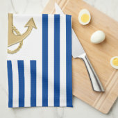 Linge De Cuisine Ancre d'or nautique sur Bleu Stripes Main ou (Quart Plié)