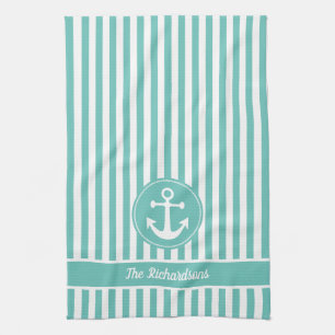 Linge De Cuisine Ancre nautique avec corde rayures sarcelle et blan