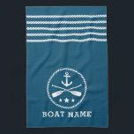 Linge De Cuisine Ancre nautique Oars Stars Nom du bateau Aqua Blue<br><div class="desc">Ancre nautique personnalisée avec des avars - Paddle et les étoiles et votre nom de bateau personnalisé sur une serviette de cuisine bleu Aqua chic avec des bandes Ancre-corde.</div>