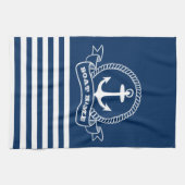 Linge De Cuisine Ancre nautique rayée bleu marine (Horizontal)