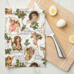 Linge De Cuisine Angels Vintages paradisiaques, Holly & Music Colla<br><div class="desc">Un collage vintage clair et coloré,  avec des scènes d'anges à ailes célestes en robes coulissantes en assortiment de étiquettes bordés d'or sur un arrière - plan de musique de Noël embelli par saint arrière - plan blanc.</div>
