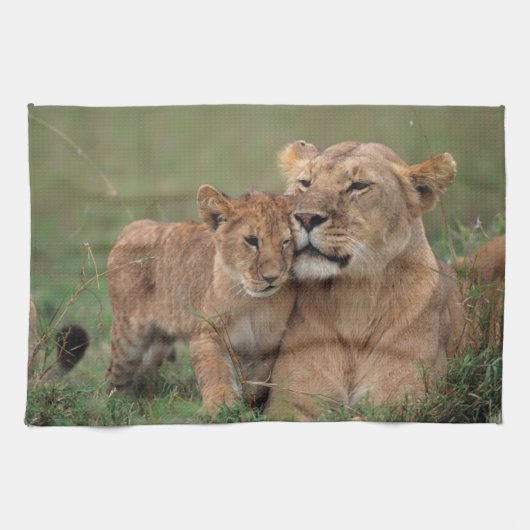 Linge De Cuisine Animaux de bébés cutest | Lion Cub & Mother (Horizontal)