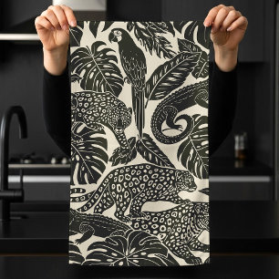 Linge De Cuisine Animaux de la jungle tropicale noir et crème gras