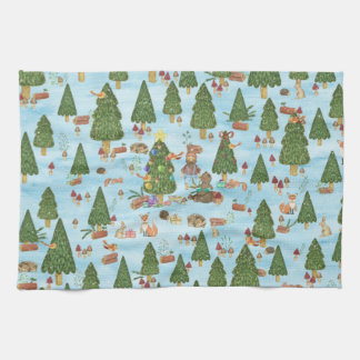 Linge De Cuisine Animaux de Noël et bûcheron en forêt d'hiver