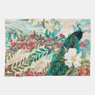 Linge De Cuisine Antique Paon Illustré & Fleurs Grunge