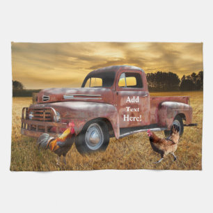 Linge De Cuisine Antique Red Truck Roster Hen Farm Champ Sunset