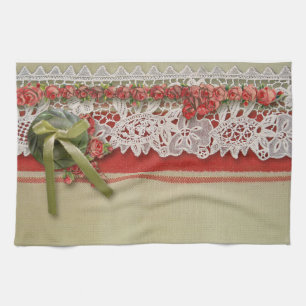 Linge De Cuisine Antique Rose dentelle Rustique Rouge Victorien Bur