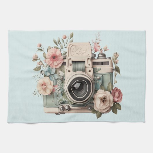 Linge De Cuisine Appareil photo avec image rétro pastel de fleurs (Horizontal)
