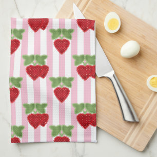 Linge De Cuisine Appliqué fraise sur fond rayé rétro
