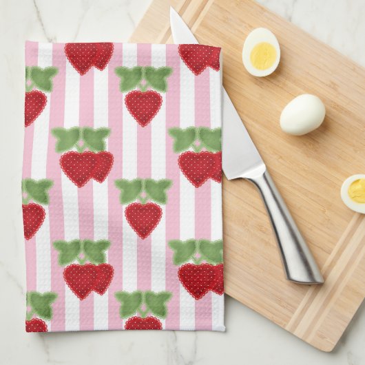 Linge De Cuisine Appliqué fraise sur fond rayé rétro (Quart Plié)
