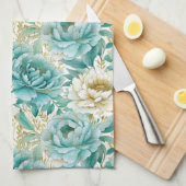 Linge De Cuisine Aqua Mint Blanc Floral (Quart Plié)